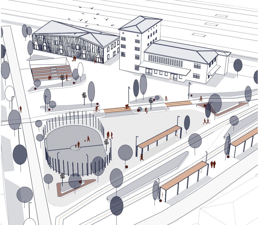 Entwurf eines neuen Gebäudes mit Neugestaltung des Helmut-Haller-Platzes am Bahnhof Augsburg-Oberhausen Entwurf eines neuen Gebäudes mit Neugestaltung des Helmut-Haller-Platzes am Bahnhof Augsburg-Oberhausen