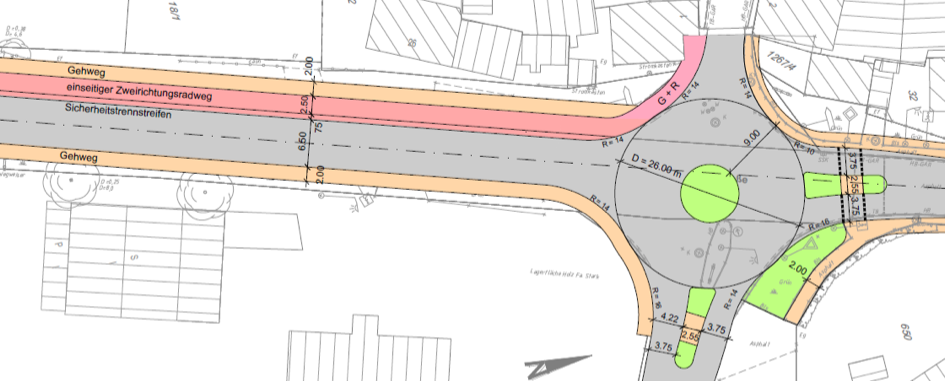 Variante beidseitiger Gehweg und Zweirichtungsradweg, kleiner Kreisverkehr