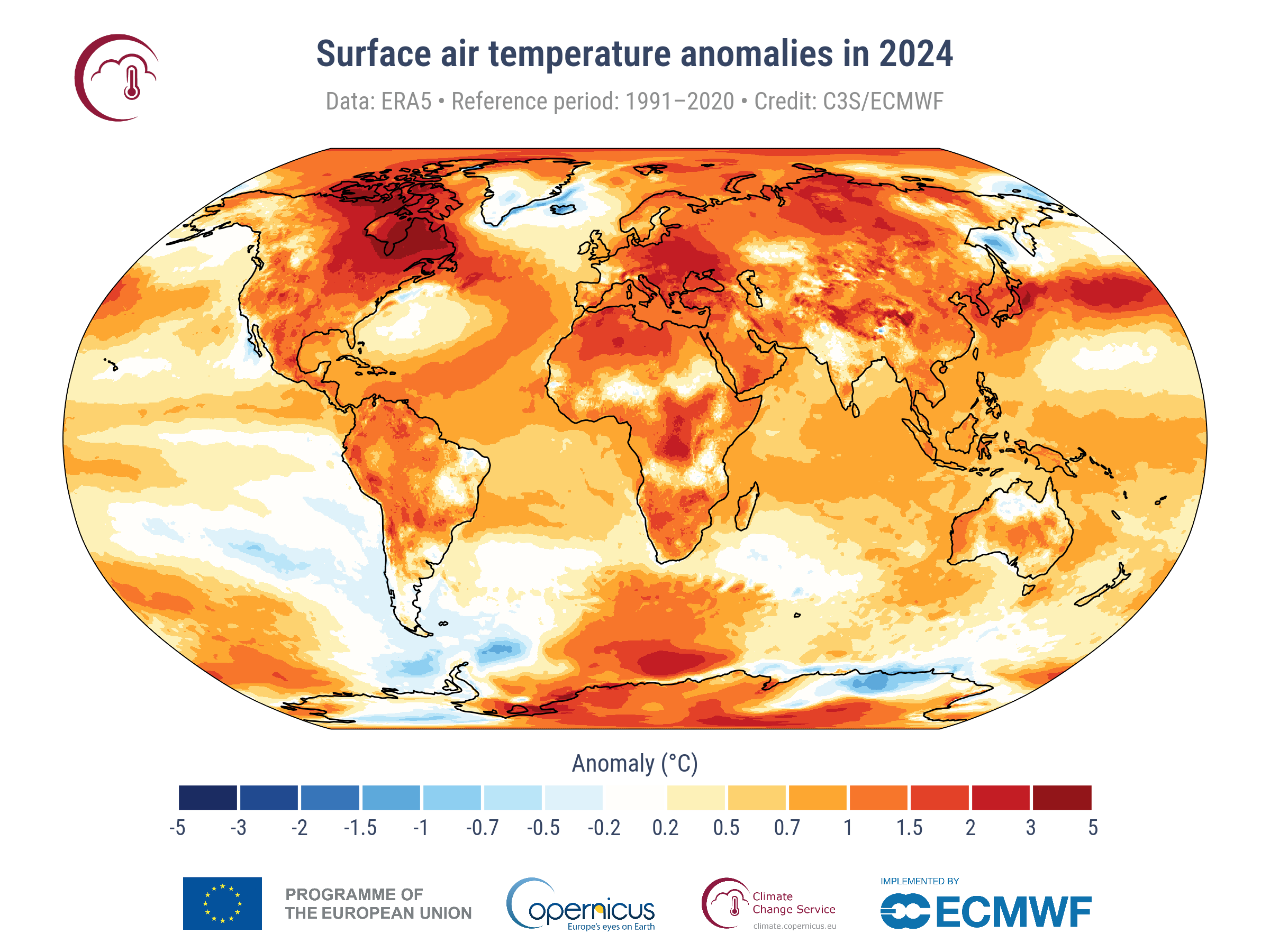 Surface air temperature anomalies for 2024 relative to the average for the 1991–2020 reference period. Data: ERA5. Credit: C3S / ECMWF. 