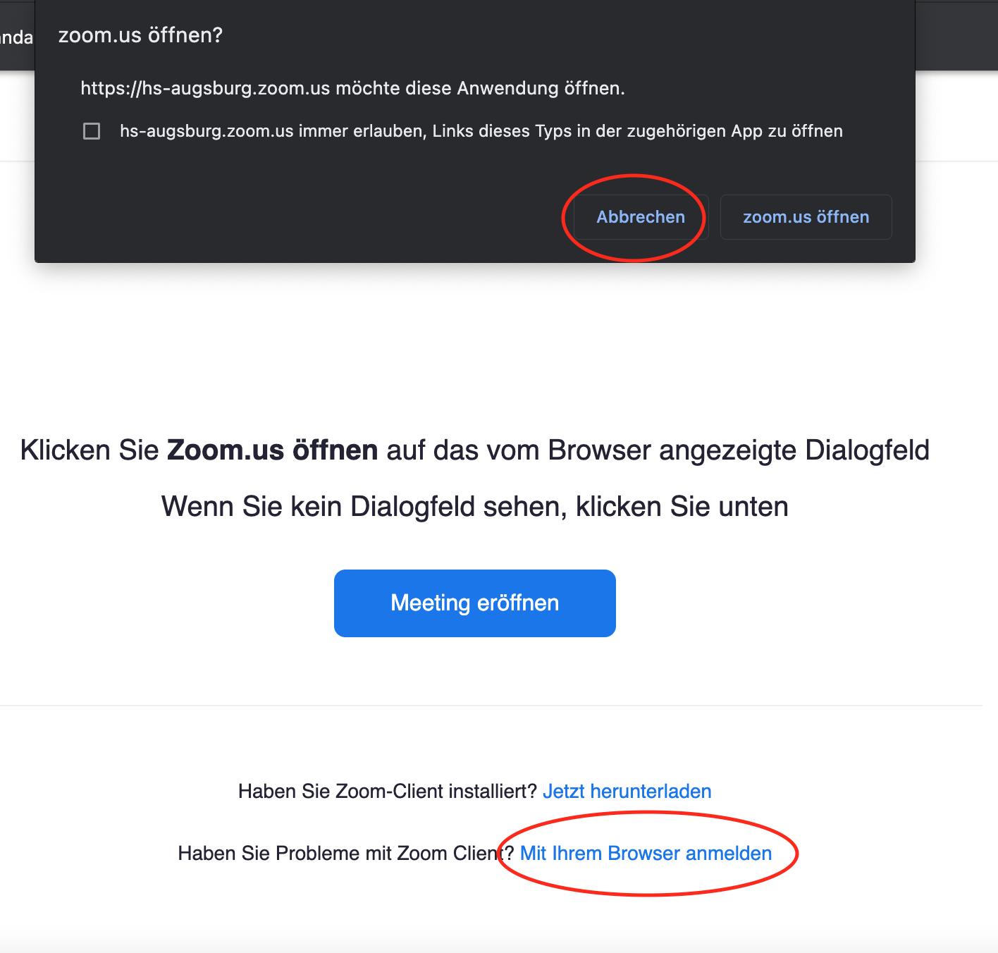 Zoom-Meeting mit dem Browser öffnen