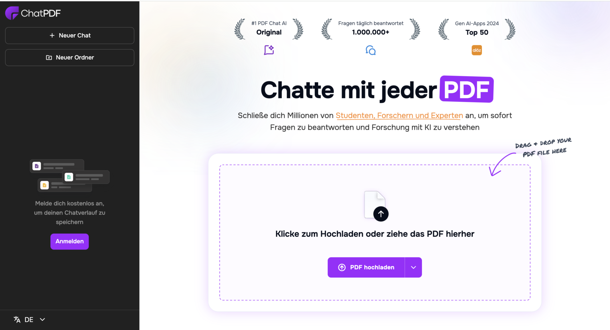 Startseite von ChatPDF.com