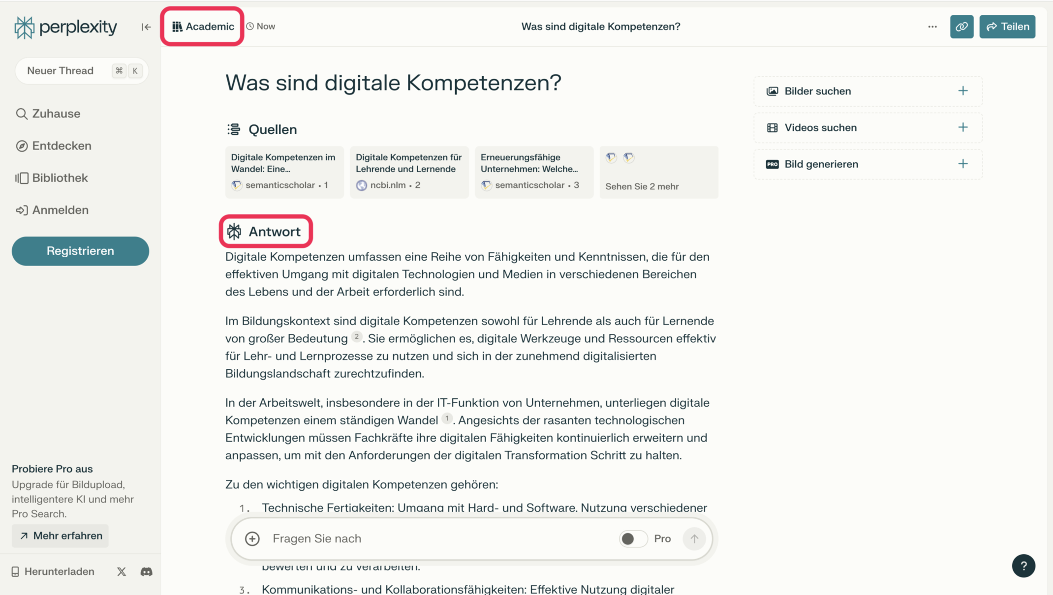 Antwort von Perplexity mit Suchfokus „Akademisch"