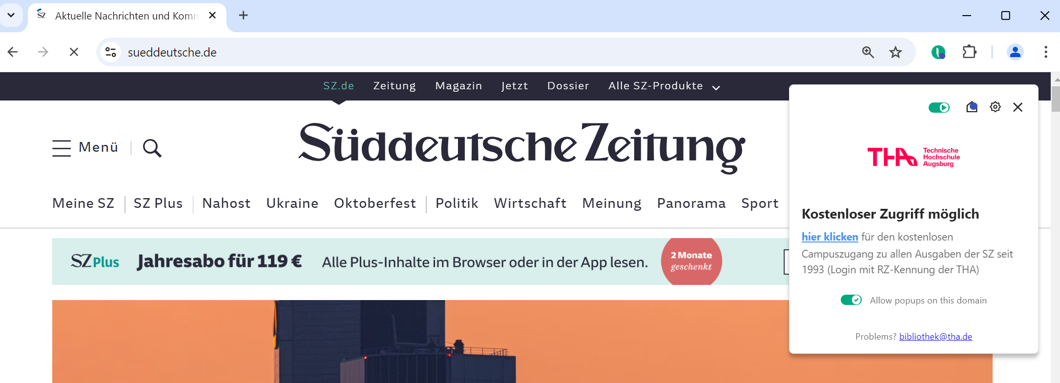 Zeitung, die über eine andere Plattform kostenlos über eine Campuslizenz verfügbar ist