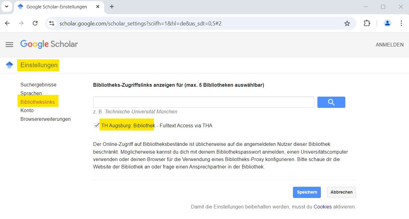 Google Scholar Einstellungen: Bibliothekslinks