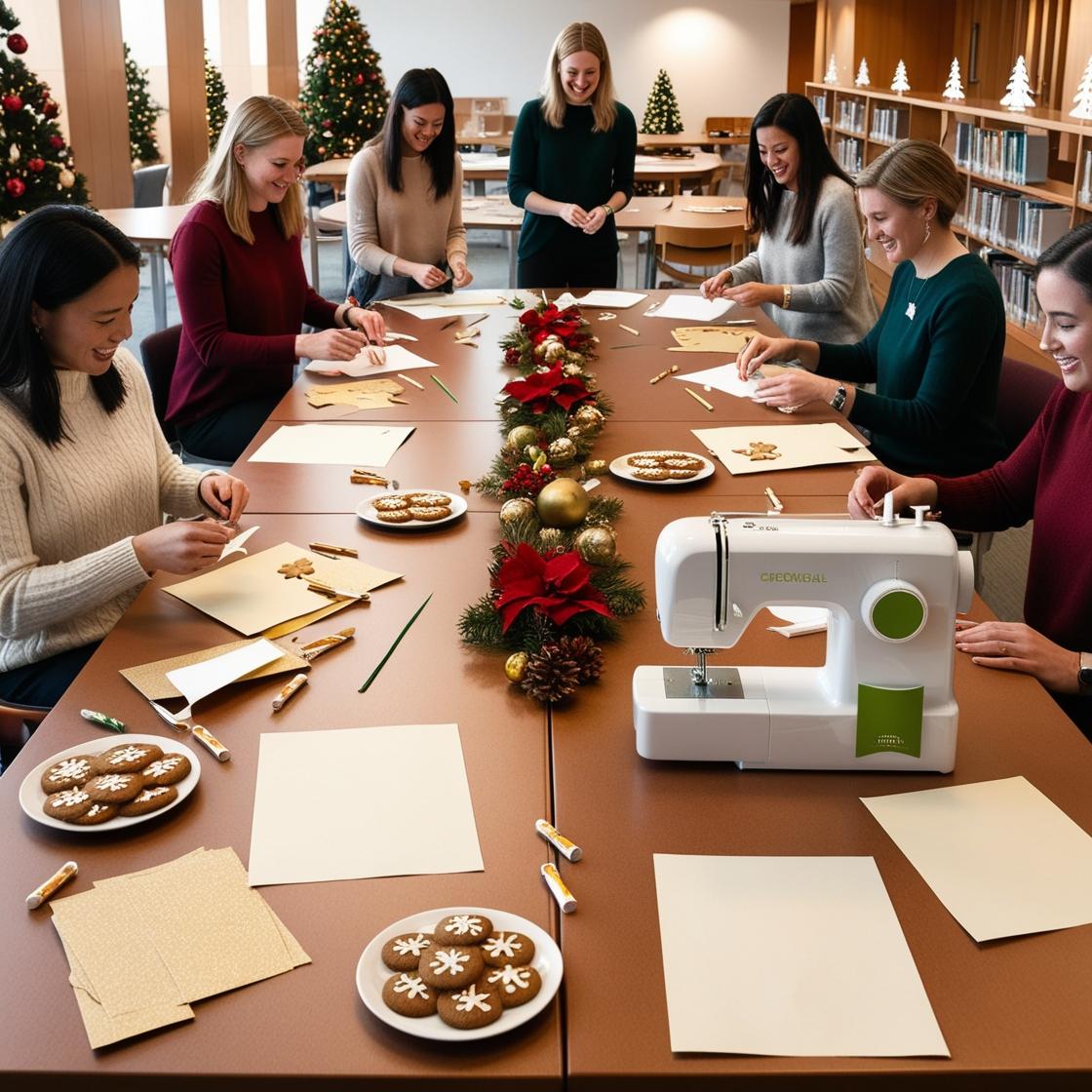 Kollegen und Kolleginnen basteln an mehreren Tischen mit Papier, Kleber und moderner Nähmaschine für den Advent in einer Bibliothek, auf einigen Tischen stehen kleine Teller mit Lebkuchen