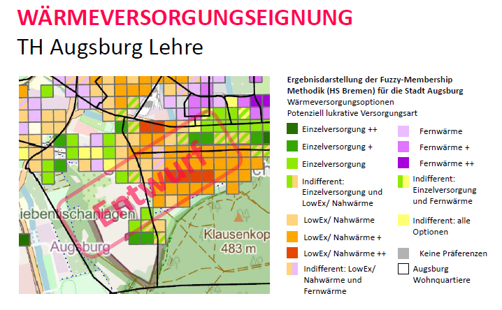 Ausschnitt aus einer beispielhaften Umsetzung der Wärmeplanung im Studiengang Energieeffizientes Planen und Bauen und Baungenieurwesen (Umfeldplanung 2 bzw. Regionalplanung und Verkehrssysteme, Sommersemester 2024).