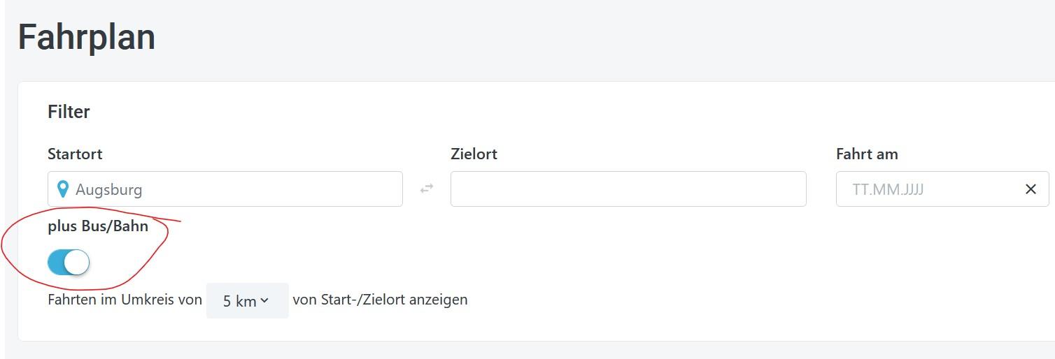 Durch ein Aktivieren der Schaltfläche "plus Bus/Bahn" wird auch der ÖPNV in die Suche mit eingebunden.