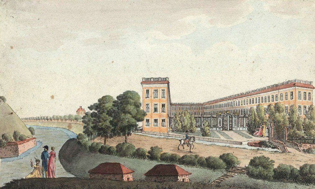 Joseph Ignaz Hörmann, Die Schüle'sche Kattunfabrik von der Hofseite Umrissradierung, koloriert, um 1810 © Kunstsammlungen & Museen Augsburg. Joseph Ignaz Hörmann, Die Schüle'sche Kattunfabrik von der Hofseite Umrissradierung, koloriert, um 1810 © Kunstsammlungen & Museen Augsburg.