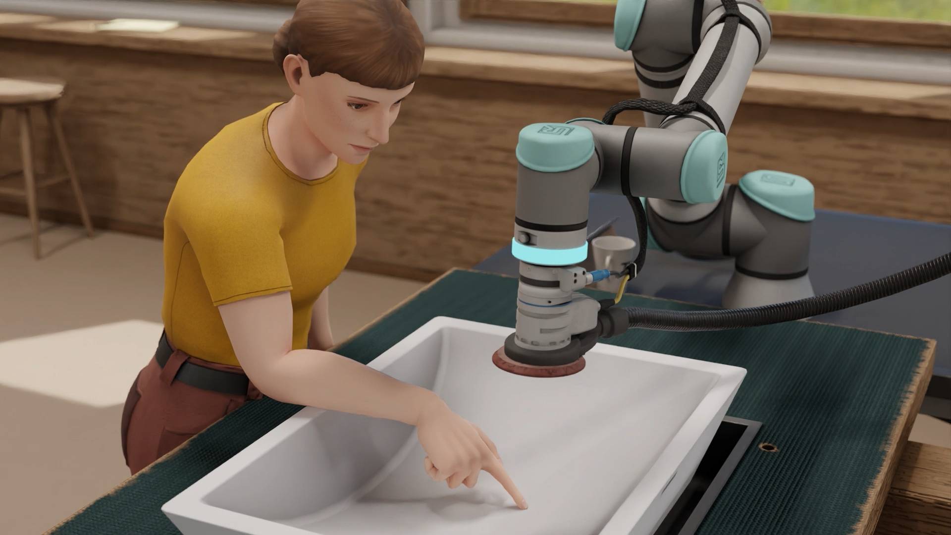 Schreinerin definiert Arbeitsbereich für Cobot Schreinerin definiert Arbeitsbereich für Cobot