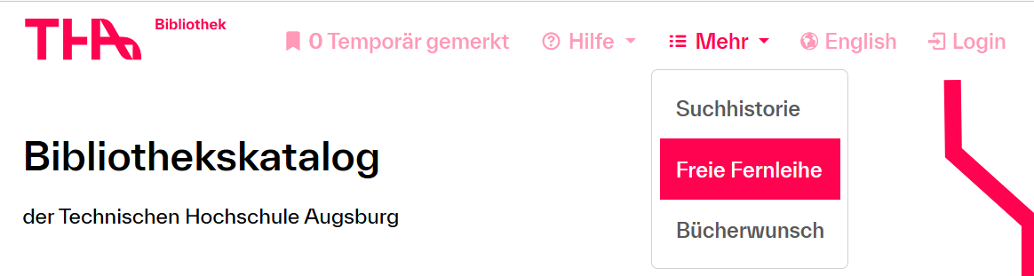 Screenshot Bibliothekskatalog, Menü Freie Fernleihe Screenshot Bibliothekskatalog, Menü Freie Fernleihe