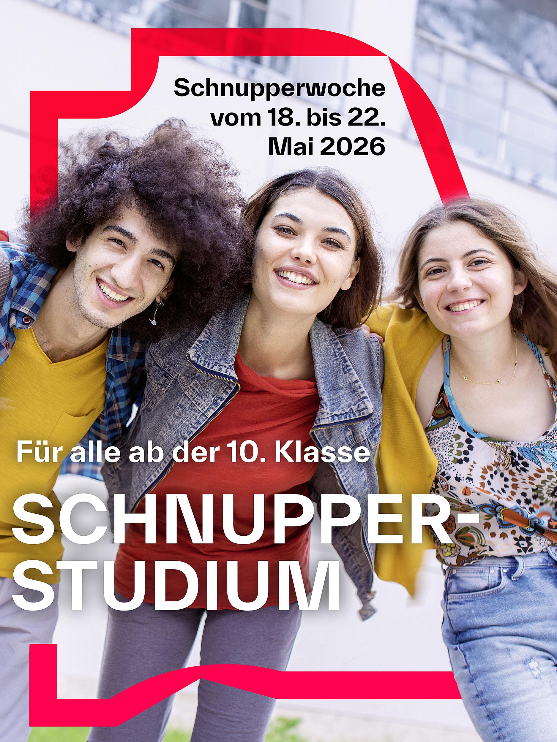 Ein junger Mann und zwei junge Frauen. Aufschrift: Schnupperstudium. Ein junger Mann und zwei junge Frauen. Aufschrift: Schnupperstudium.