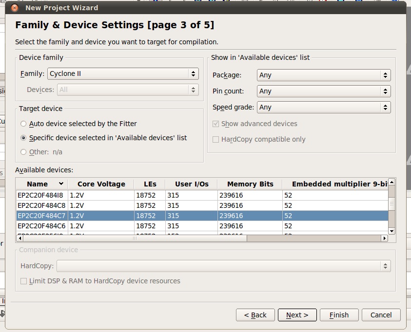 Quartus Device Setting