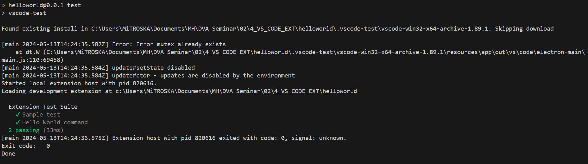 VS Code test output