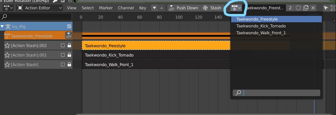 Action Stash im NLA-Editor mit Dropdown